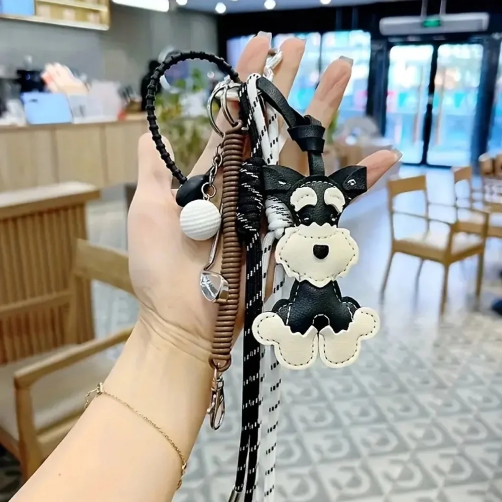 Schnauzer Bag Charm, Black Leather Key Holder with Dog Charm, NEW